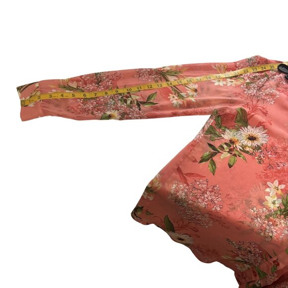 Floral Long Sleeve Sheer Button-Down Shirt Peach & Green Lightweight Boho Top - Picture 10 of 10